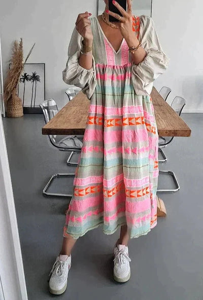 Women's Maxi Dress Multicolors Long Sleeves Pleats