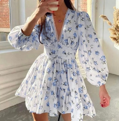 Women's V-Neck Floral Print Mini Dress with Long Puff Sleeve