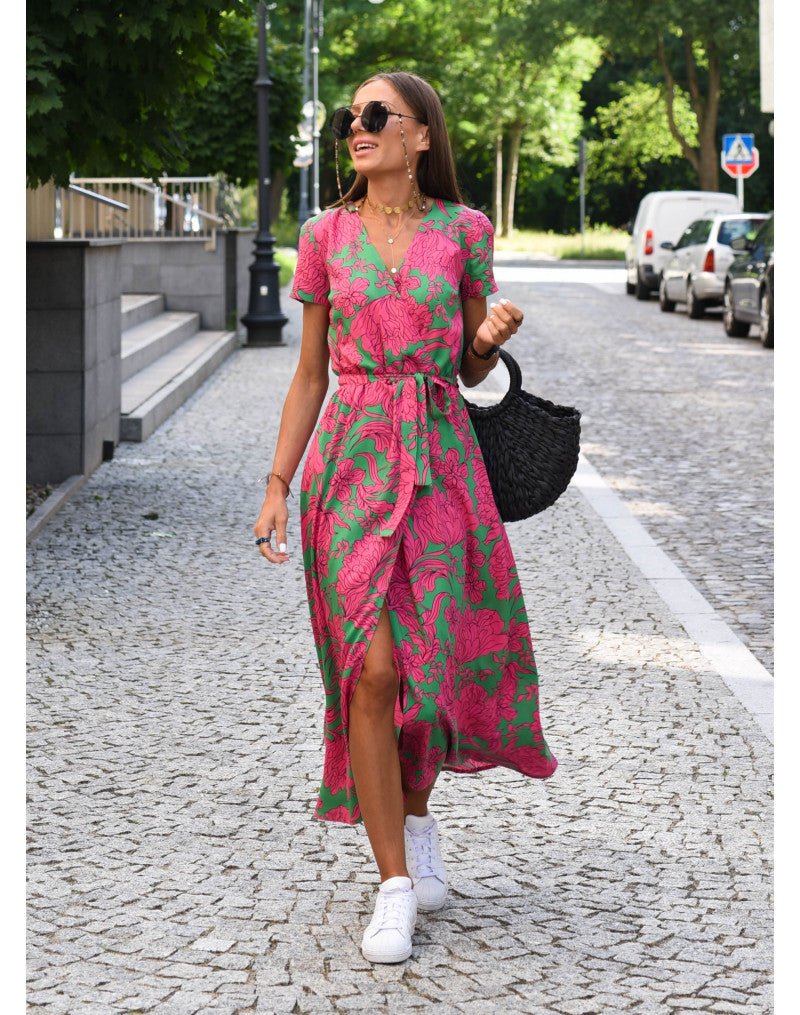 Women Midi Dress V-neck Short Sleeve  Floral Printing Split