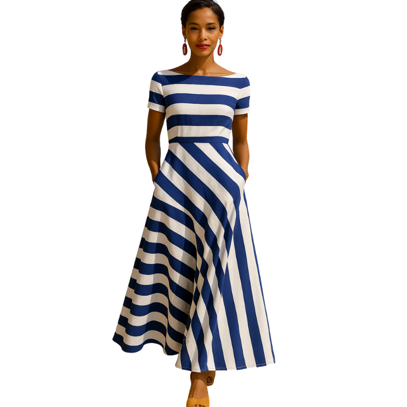 Women’s Midi Dress with Boat Neck and Short Sleeves for Daily Use