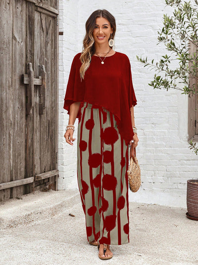 Rumi I Red Abstract Two-Piece Set with Wide-Leg Pants – Women's Elegant Outfit