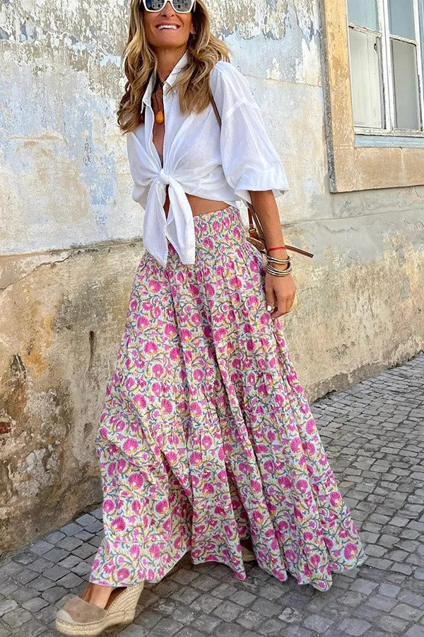 Women's Printed Maxi Skirt with Elastic Waistband
