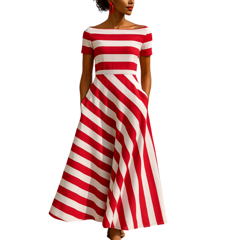 Women’s Midi Dress with Boat Neck and Short Sleeves for Daily Use