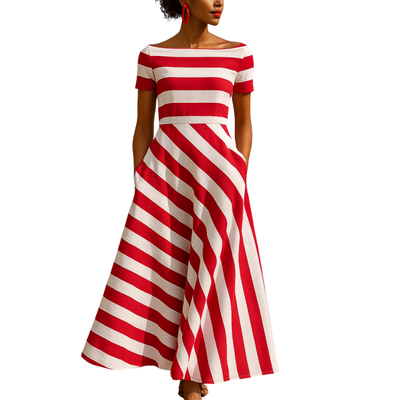 Women’s Midi Dress with Boat Neck and Short Sleeves for Daily Use