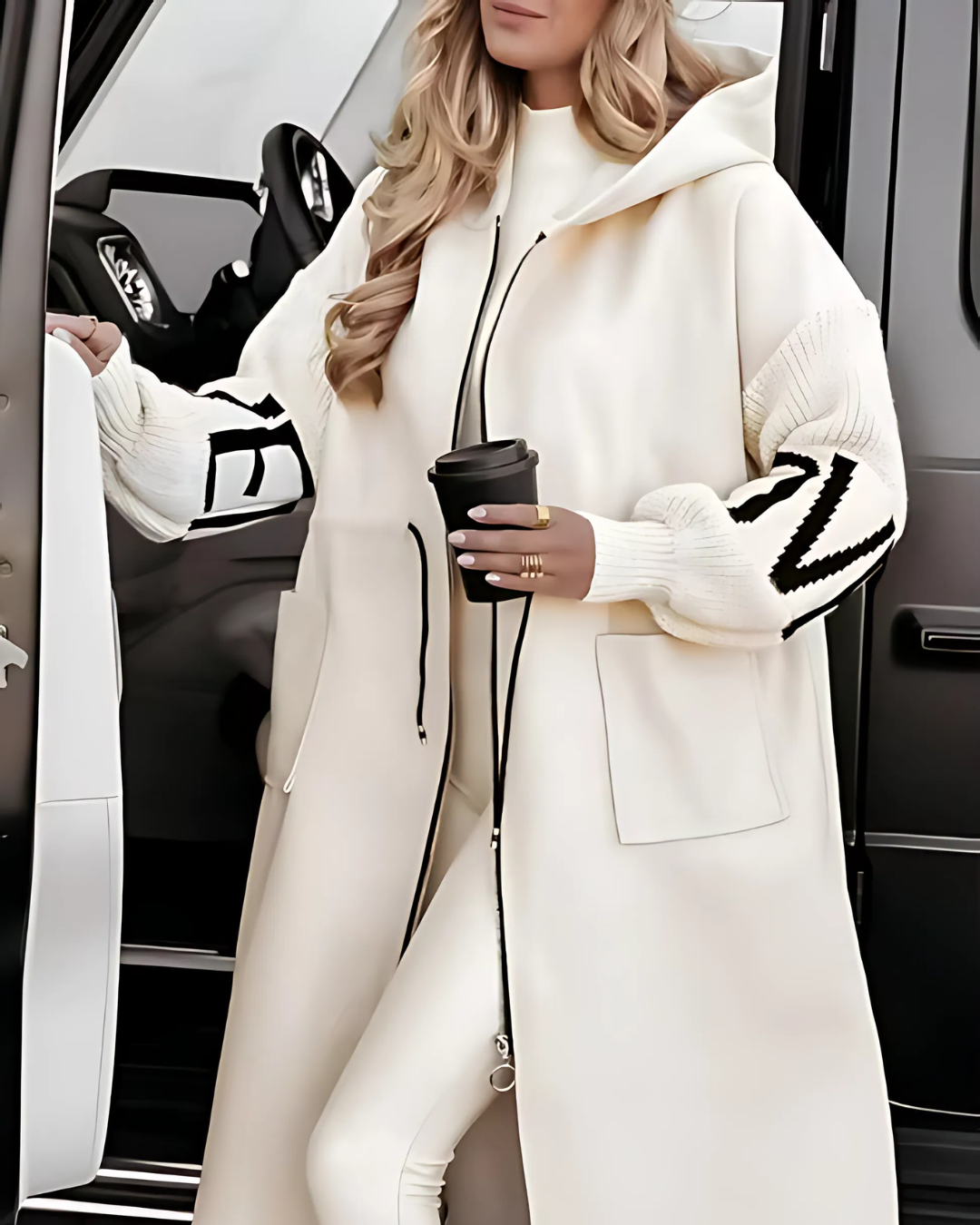 Solene I Cream Drawstring Hooded Coat