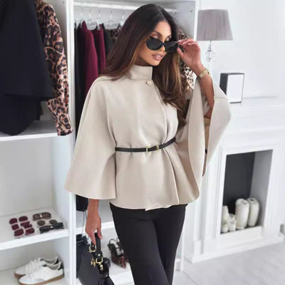 Women's Batwing Sleeves High Collar Cape Coat with Belt