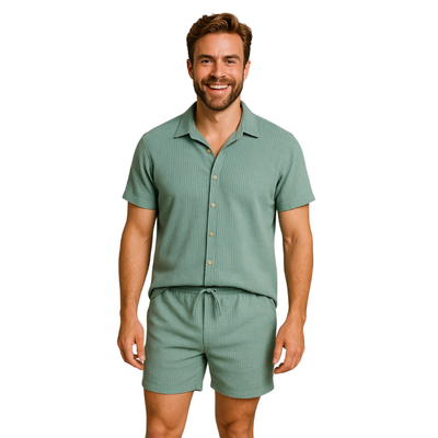 Men’s Short Sleeve Button Shirt and Shorts Set for Warm Season Use