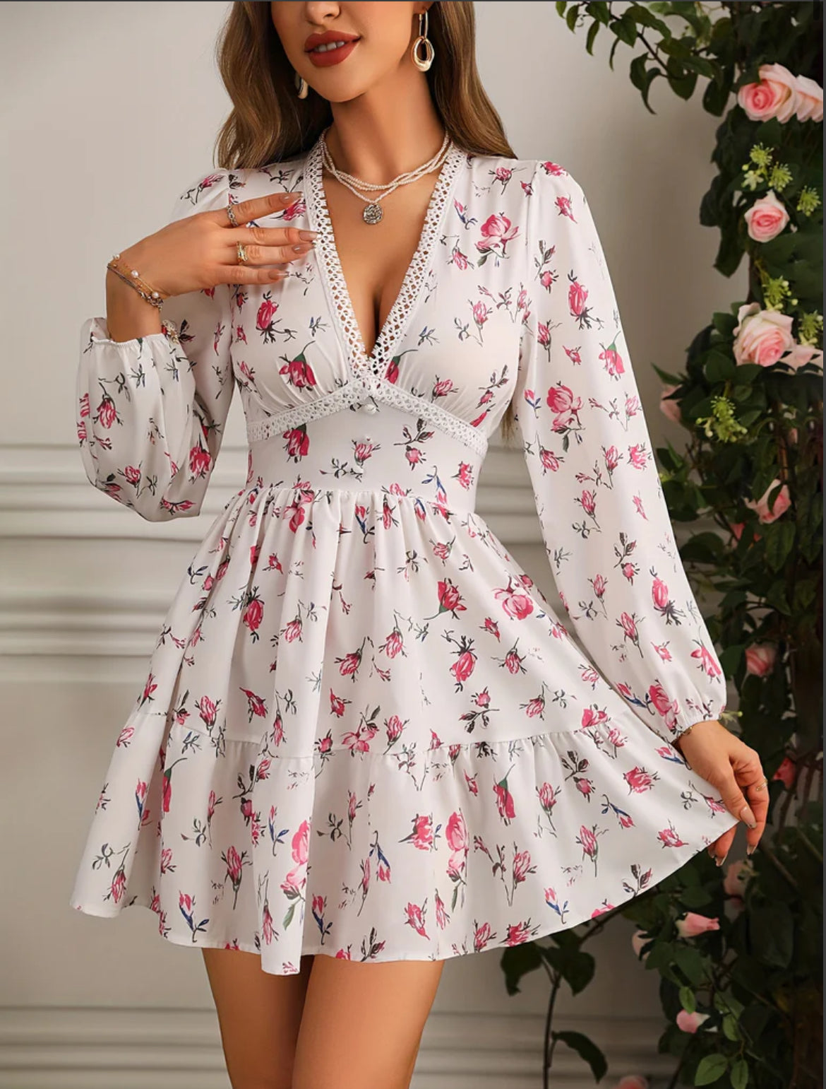 Women's V-Neck Floral Print Mini Dress with Long Puff Sleeve