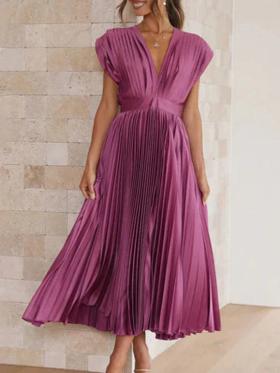 Women's Pleated V-Neck Cap Sleeve Maxi Dress