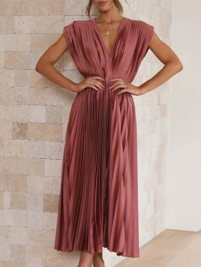 Women's Pleated V-Neck Cap Sleeve Maxi Dress