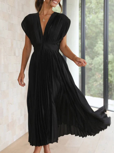 Women's Pleated V-Neck Cap Sleeve Maxi Dress