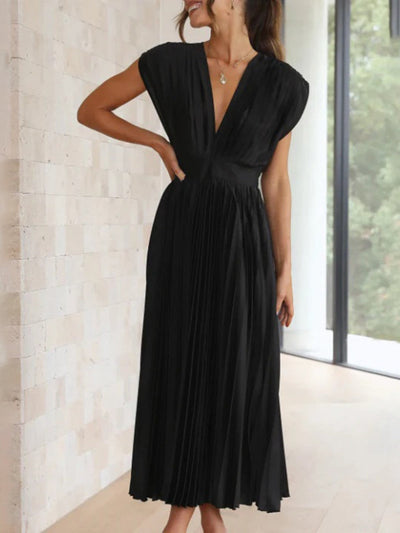 Women's Pleated V-Neck Cap Sleeve Maxi Dress
