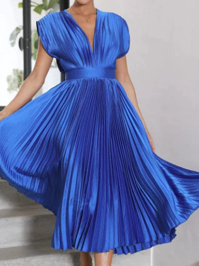 Women's Pleated V-Neck Cap Sleeve Maxi Dress