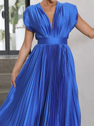 Women's Pleated V-Neck Cap Sleeve Maxi Dress