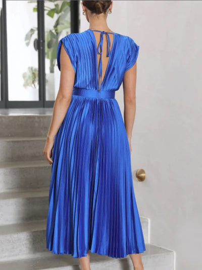 Women's Pleated V-Neck Cap Sleeve Maxi Dress