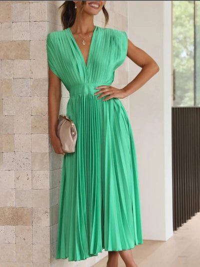 Women's Pleated V-Neck Cap Sleeve Maxi Dress