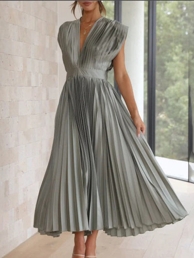 Women's Pleated V-Neck Cap Sleeve Maxi Dress