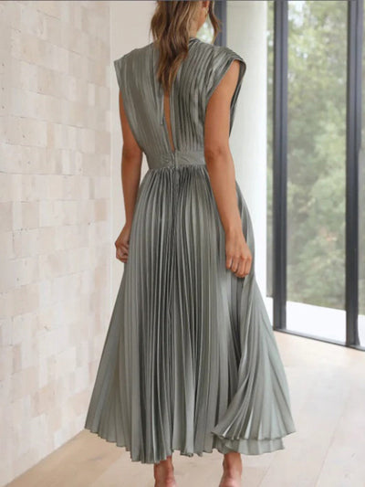 Women's Pleated V-Neck Cap Sleeve Maxi Dress