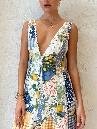Women's Print Deep V-neck Maxi Dress