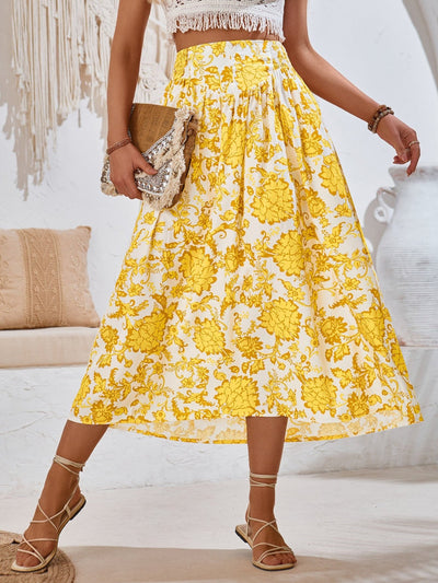 Women's High Waist Floral Print Midi Skirt