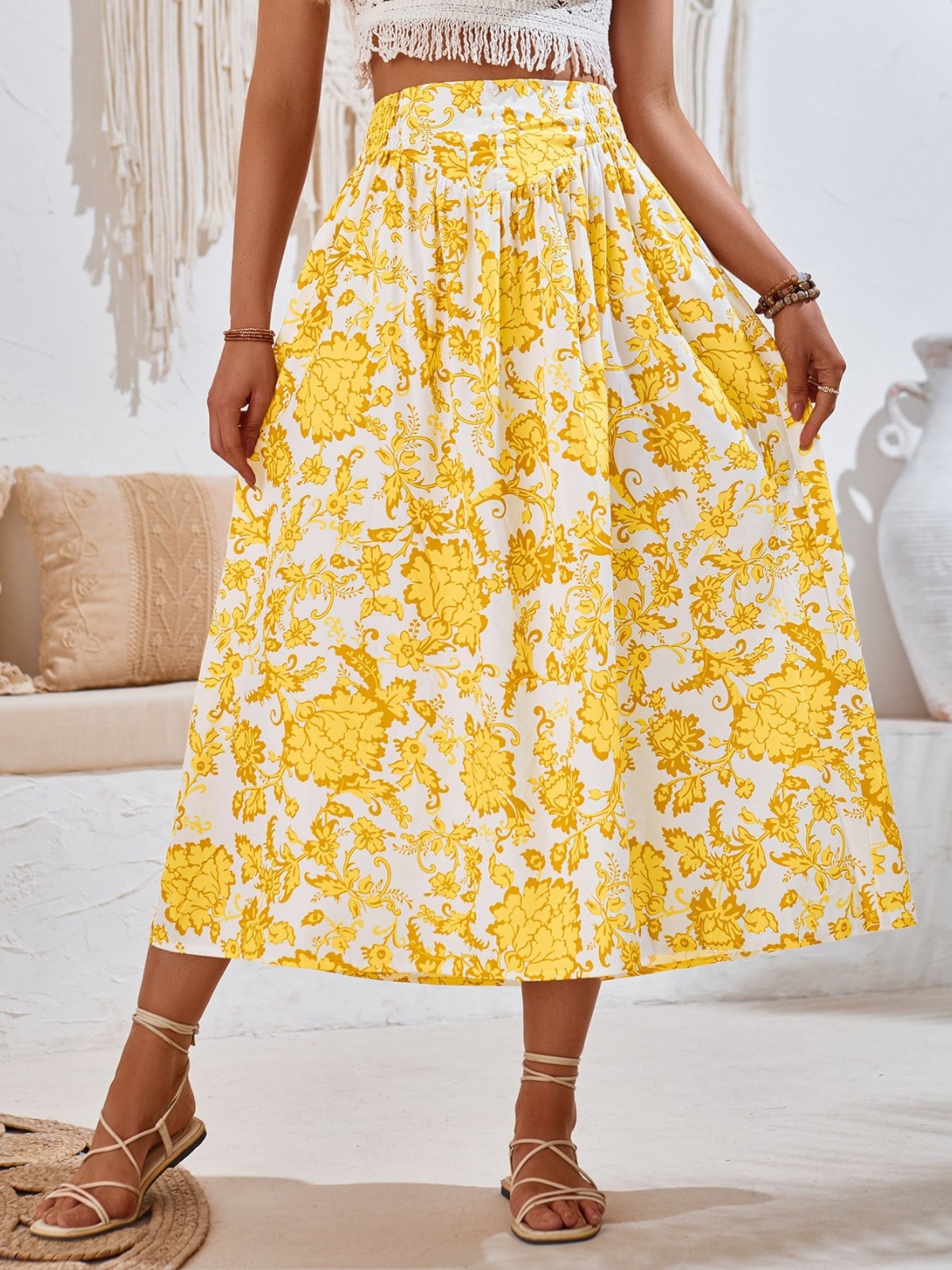 Women's High Waist Floral Print Midi Skirt