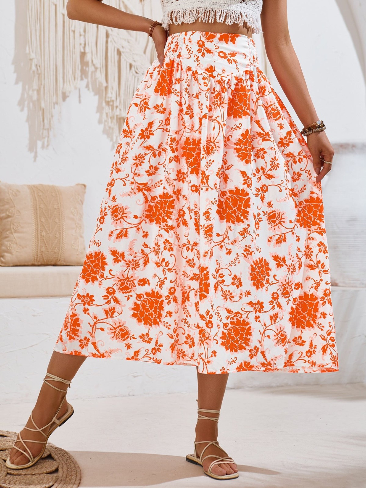 Women's High Waist Floral Print Midi Skirt