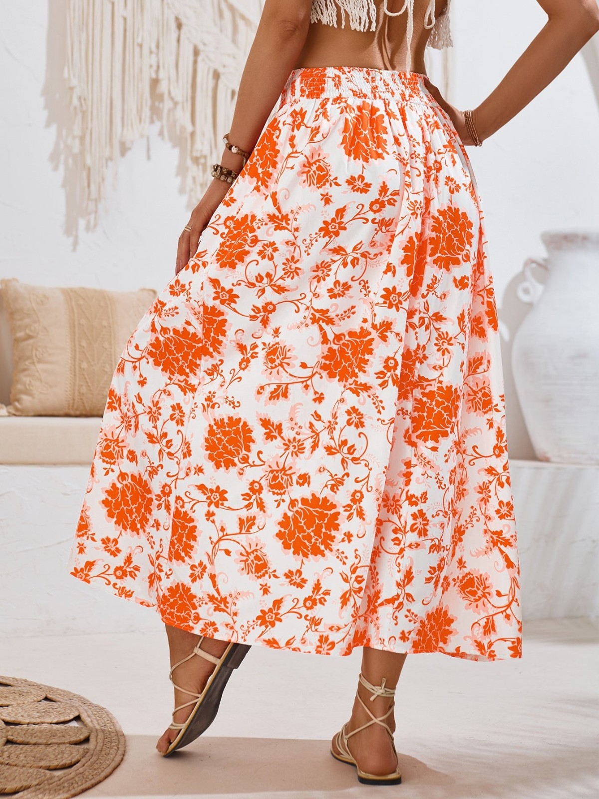 Women's High Waist Floral Print Midi Skirt