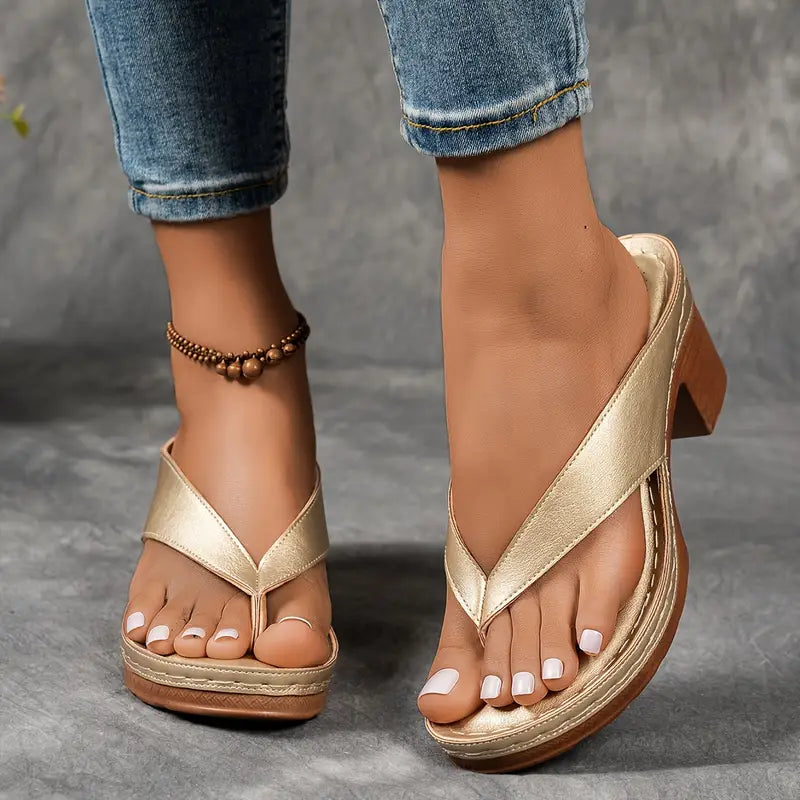 Women Slip On Block Heel Thong Style Sandals
