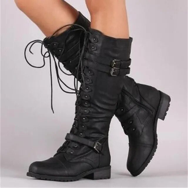 Elowen - Retro Lace-Up Boots with Buckle