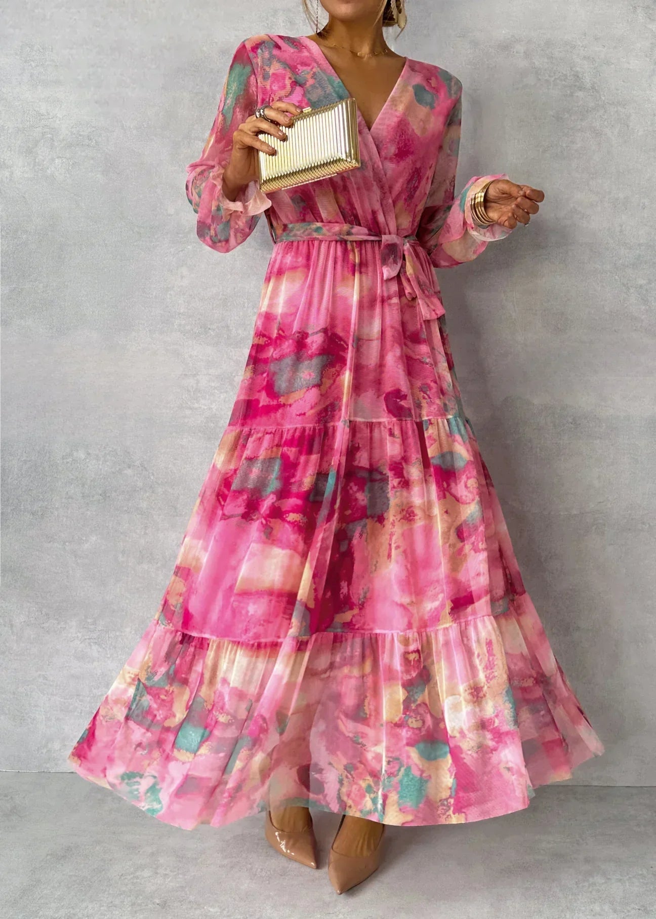 Floral Wrap Dress for Women with Long Sleeves