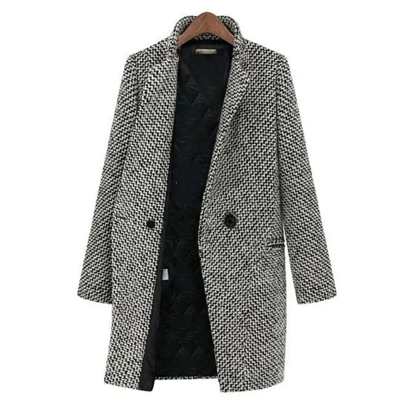 Women's Houndstooth Mid-Length Collared Button Coat