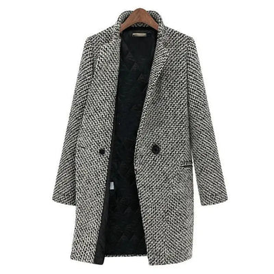 Women's Houndstooth Mid-Length Collared Button Coat