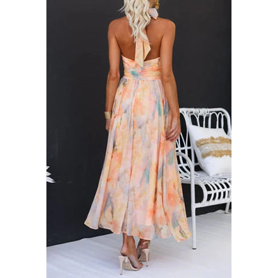 Halter Neck Midi Dress with Peach Abstract Print