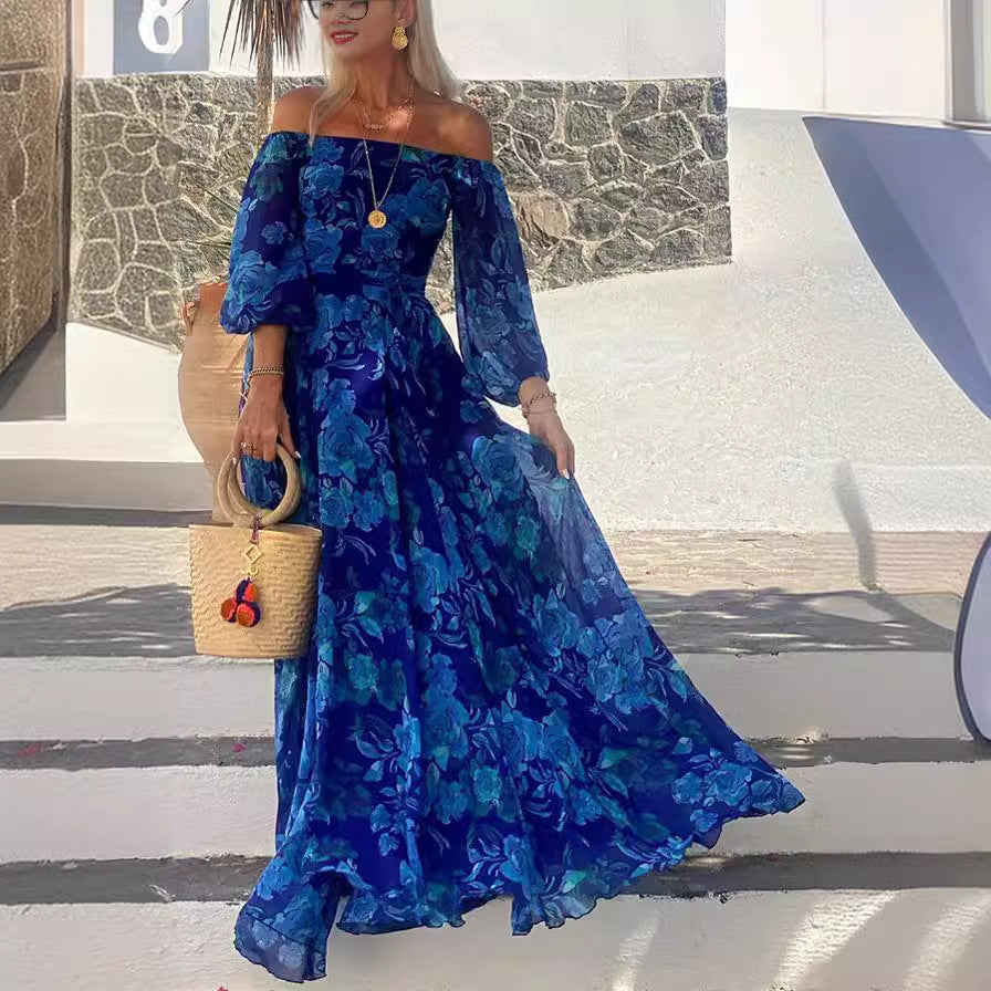 Indra | Elegant Blue Off-Shoulder Lantern Sleeve Swing Dress