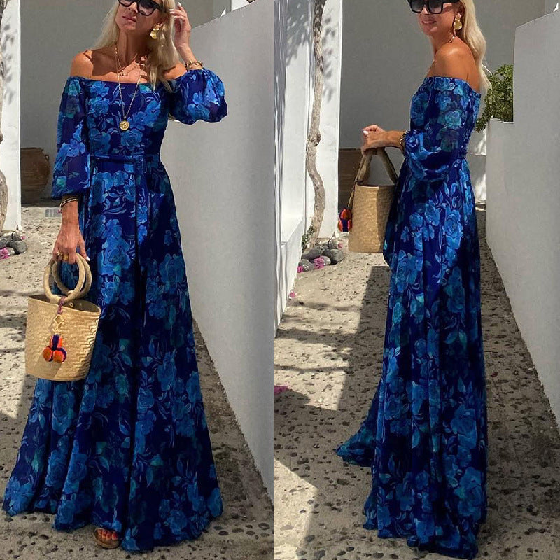 Indra | Elegant Blue Off-Shoulder Lantern Sleeve Swing Dress