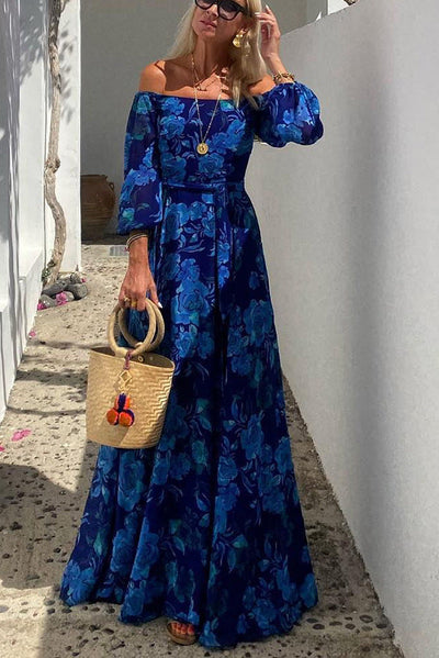 Indra | Elegant Blue Off-Shoulder Lantern Sleeve Swing Dress