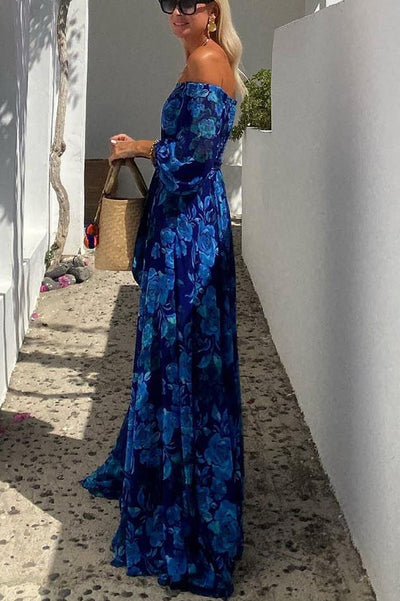 Indra | Elegant Blue Off-Shoulder Lantern Sleeve Swing Dress