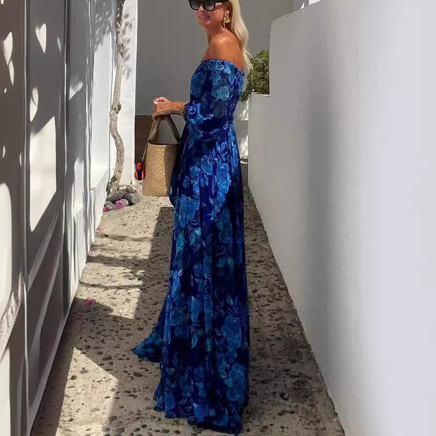 Indra | Elegant Blue Off-Shoulder Lantern Sleeve Swing Dress