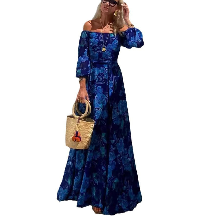 Indra | Elegant Blue Off-Shoulder Lantern Sleeve Swing Dress