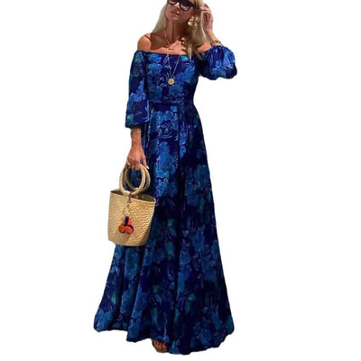 Indra | Elegant Blue Off-Shoulder Lantern Sleeve Swing Dress