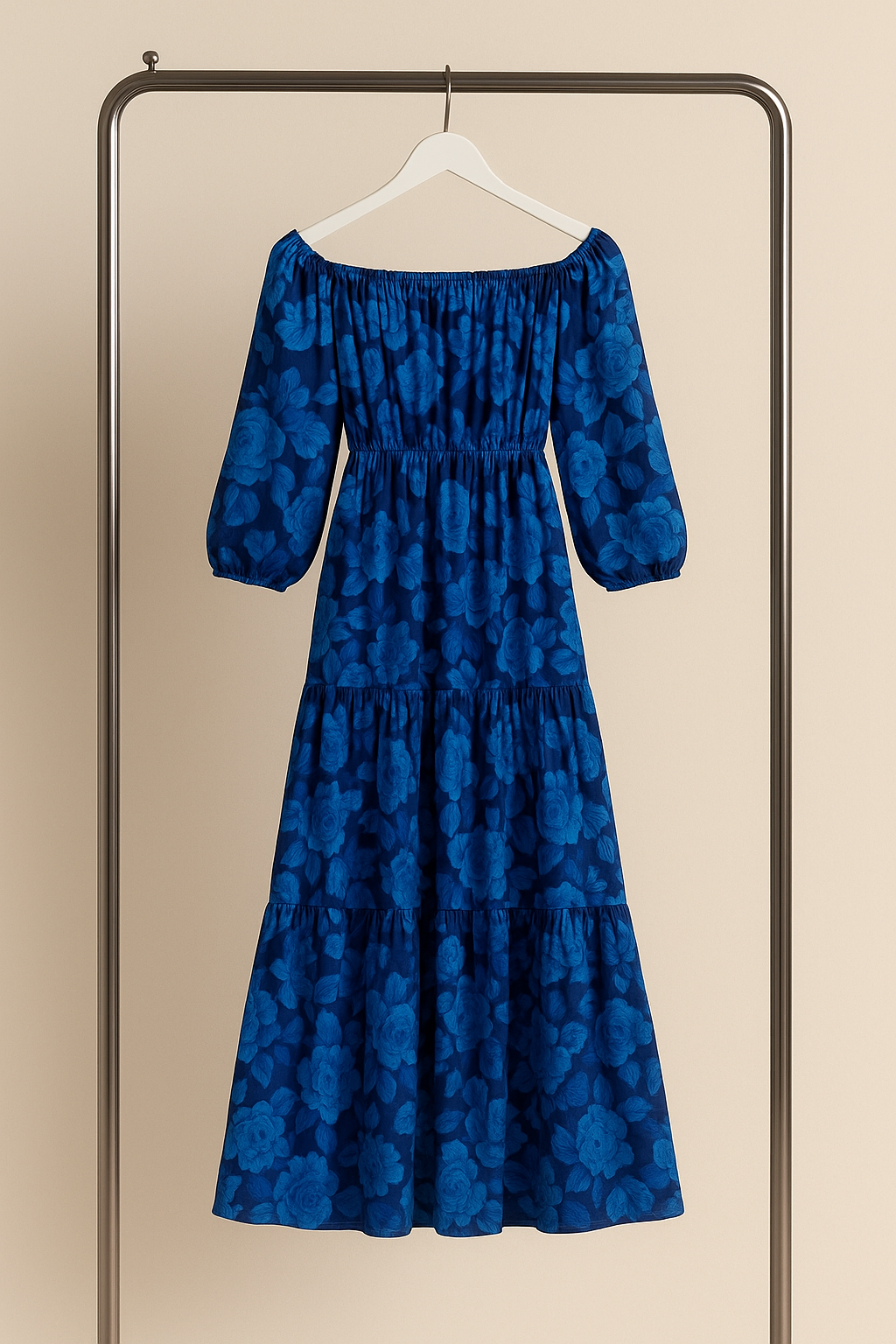 Indra | Elegant Blue Off-Shoulder Lantern Sleeve Swing Dress