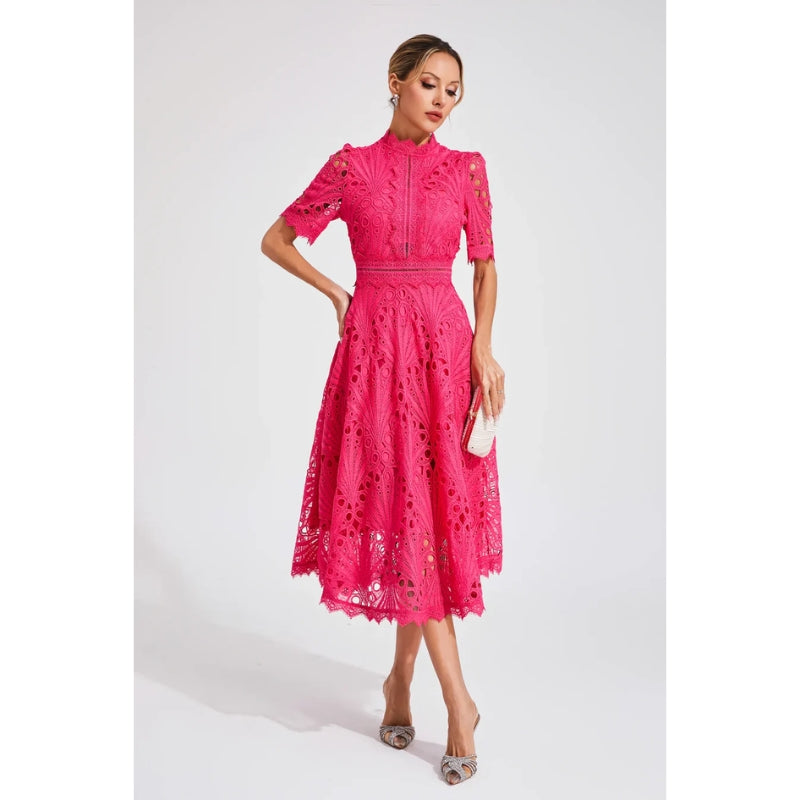 Lace Midi Dress with Short Sleeves and High Neck