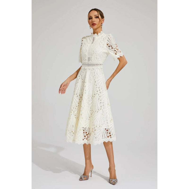Lace Midi Dress with Short Sleeves and High Neck
