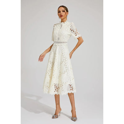 Lace Midi Dress with Short Sleeves and High Neck