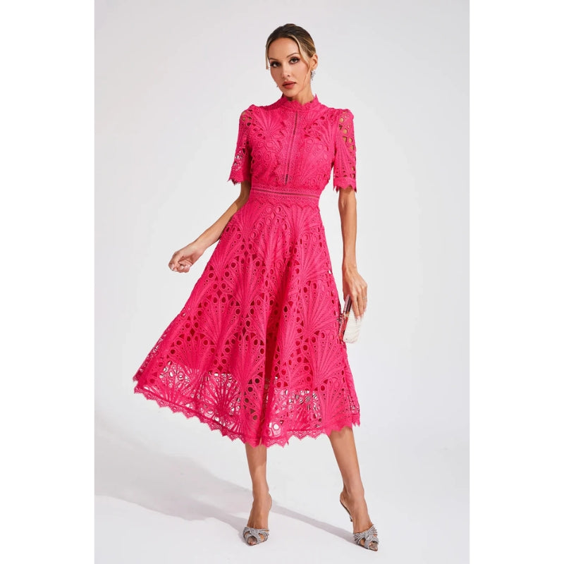 Lace Midi Dress with Short Sleeves and High Neck