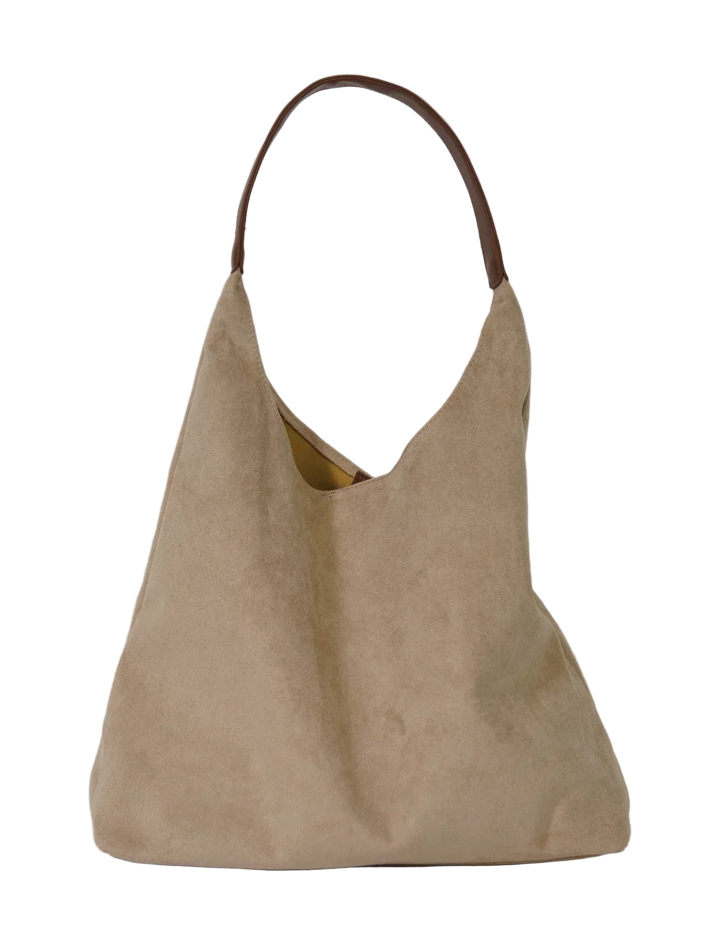 Beige handbag with brown handle on a white background
