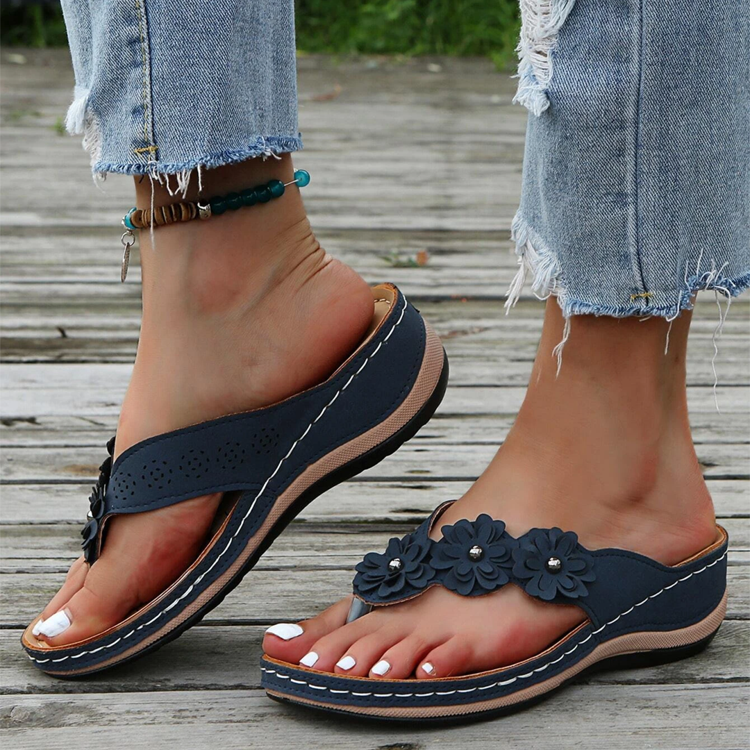 RETRO Studded Flowers Wedge Flip-Flops