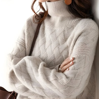 Long Sleeve Cable Knit High Neck Sweater for Women