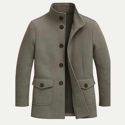 Men’s Button-Up Coat with Stand Collar and Pockets