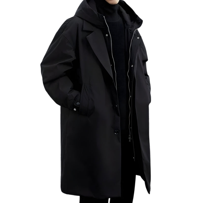 Men’s Long Puffer Trench Coat with Full-Length Insulation